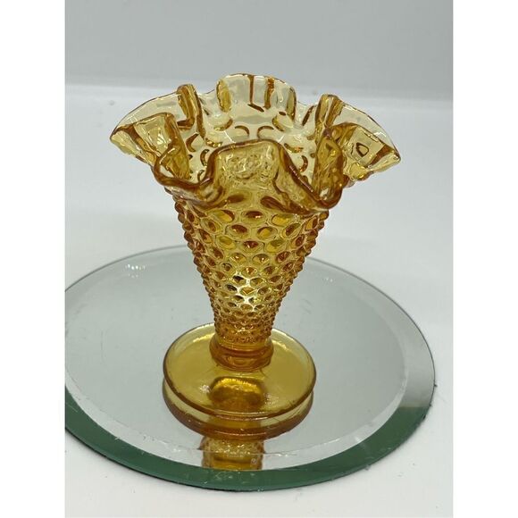 Vintage Yellow Amber Fenton Glass Hob Nail Small Cone Trumpet Vase Miniature 4” - Picture 4 of 7